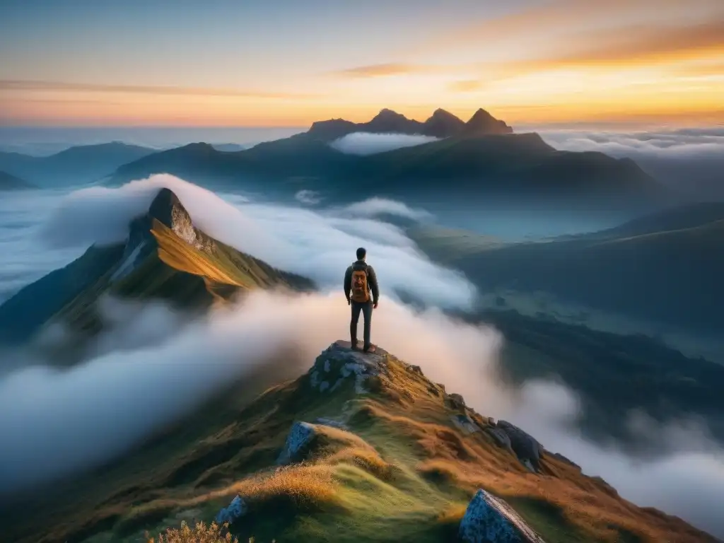 Persona en la cima de la montaña al amanecer, con halo dorado, expresión serena, comunicación con ángeles en la actualidad