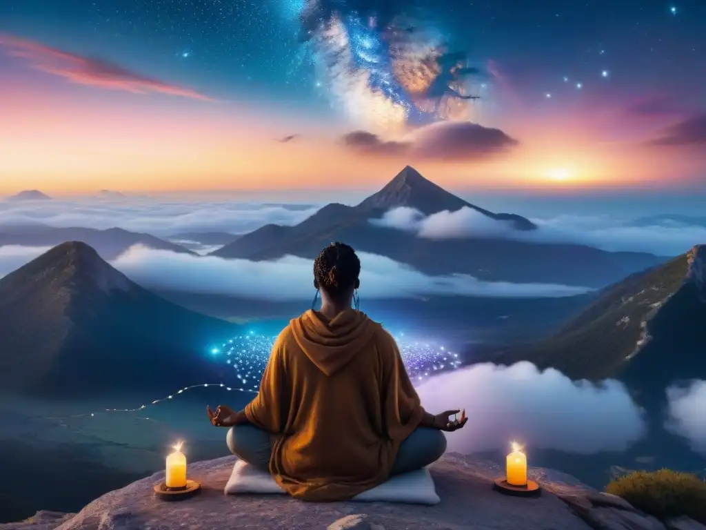 Persona en meditación en la cima de una montaña al amanecer, rodeada de símbolos astrológicos y cristales, conectando con el universo