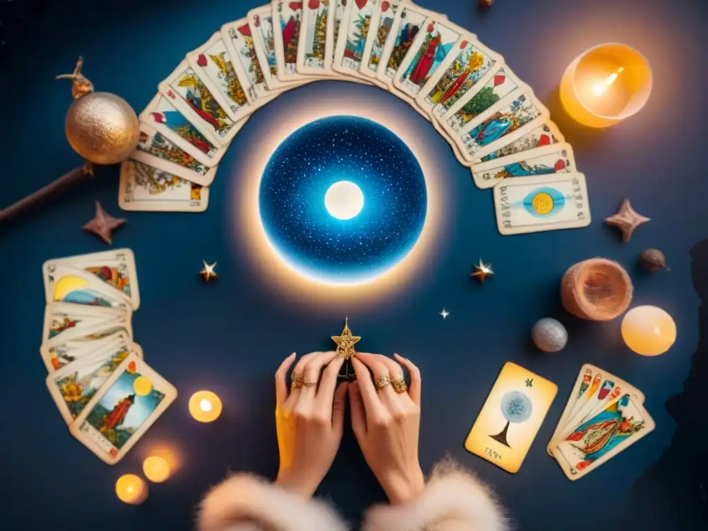 Persona en la cima de la montaña, rodeada de cartas de Tarot bajo la luz de la luna