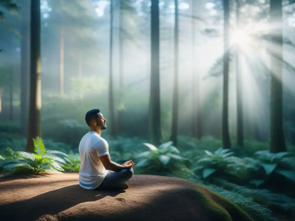 Persona meditando en un claro boscoso, rodeada de árboles altos y luz solar filtrándose entre las hojas