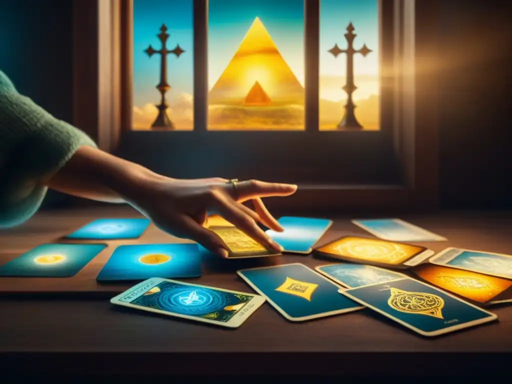 Persona concentrada entre Cartas del Tarot significado profundo, en busca de respuestas en símbolos místicos y colores evocadores