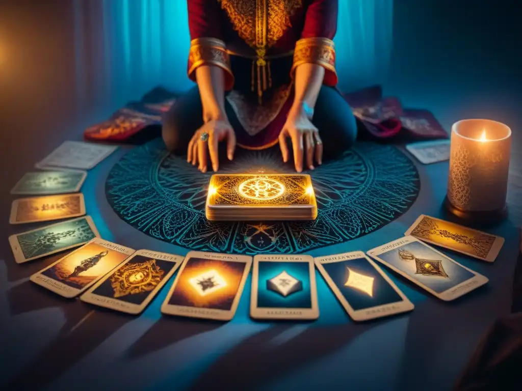 Una persona enfocada rodeada de Cartas del Tarot significado profundo en un patrón intrincado, creando una atmósfera misteriosa y reflexiva