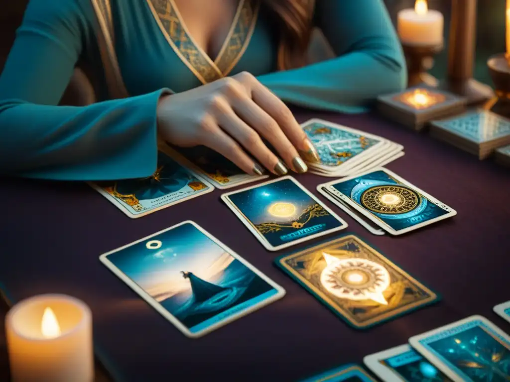 Persona enigmática con manos sobre Cartas del Tarot significado profundo en mesa iluminada