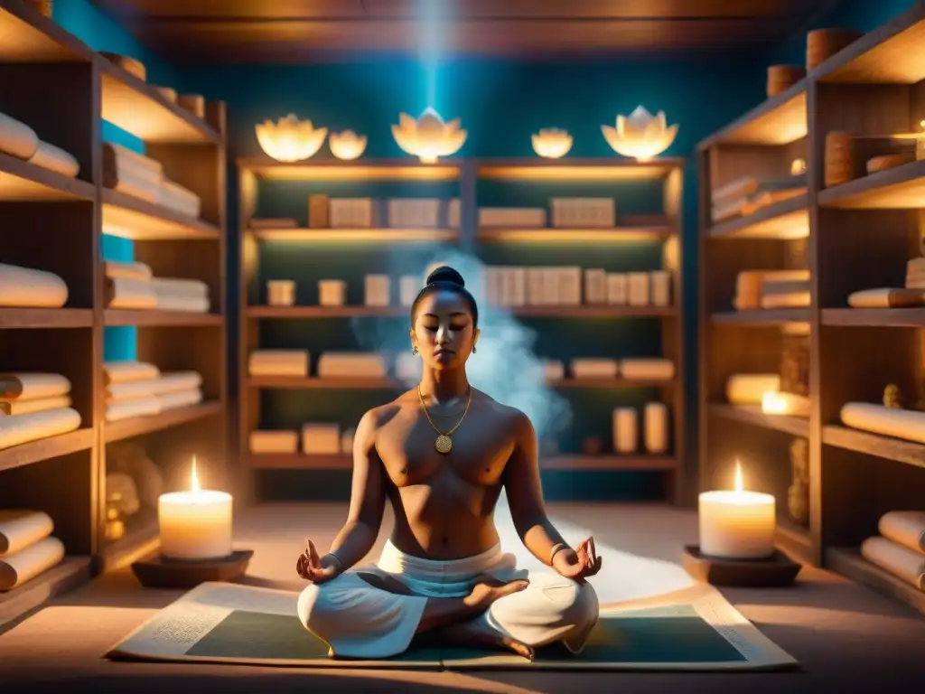 Persona meditando en habitación iluminada por velas, rodeada de manuscritos sánscritos con mantras