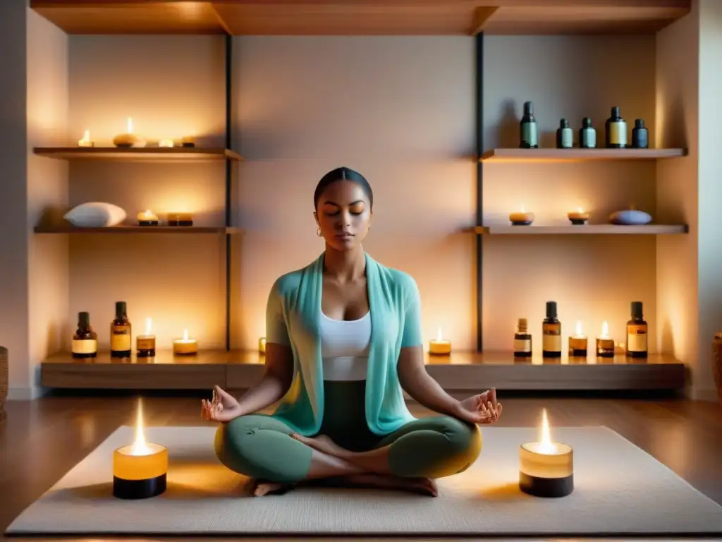 Persona meditando en habitación serena con aceites esenciales protección energética espiritual