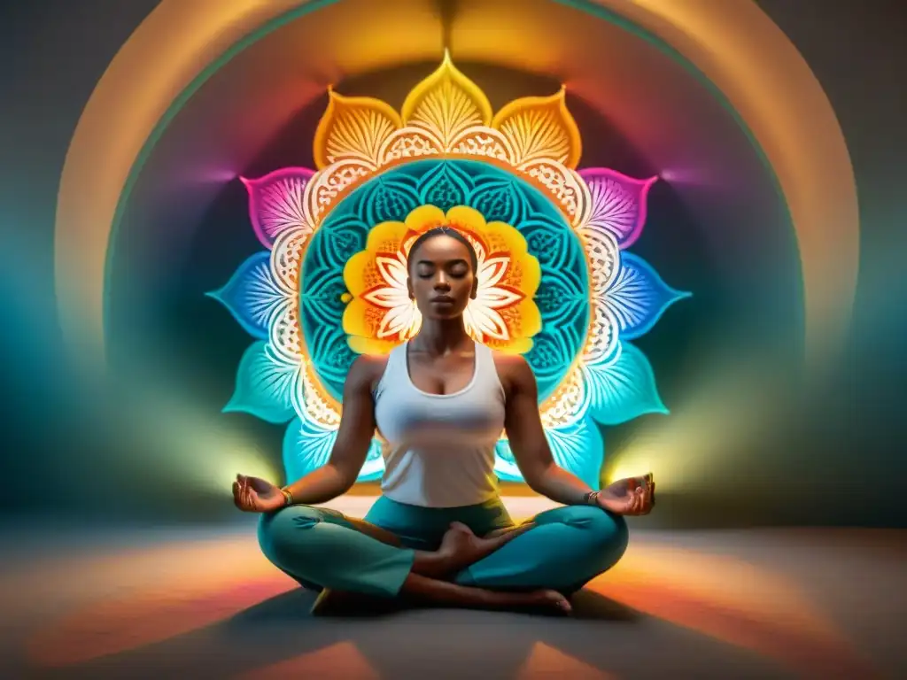 Persona meditando entre mandalas coloridas, repitiendo mantras con serenidad bajo luz suave