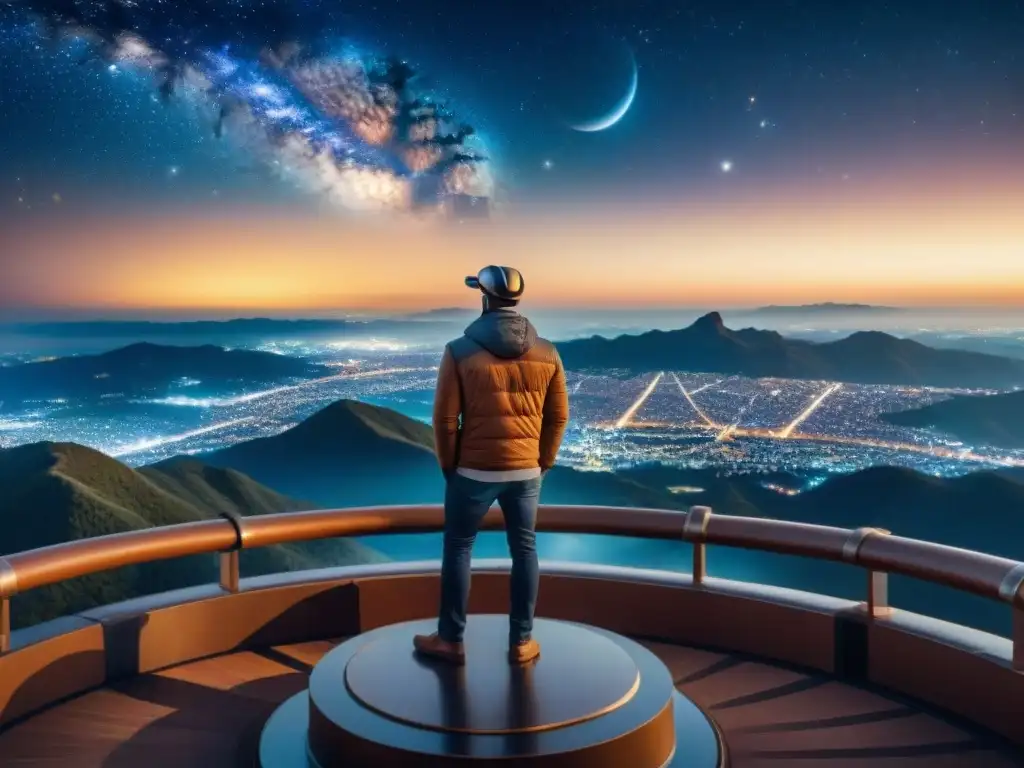 Explorando el cosmos: persona en observatorio ancestral Persona maravillada en observatorio antiguo, conectada con el universo y la vida en un momento de sincronicidad y destino