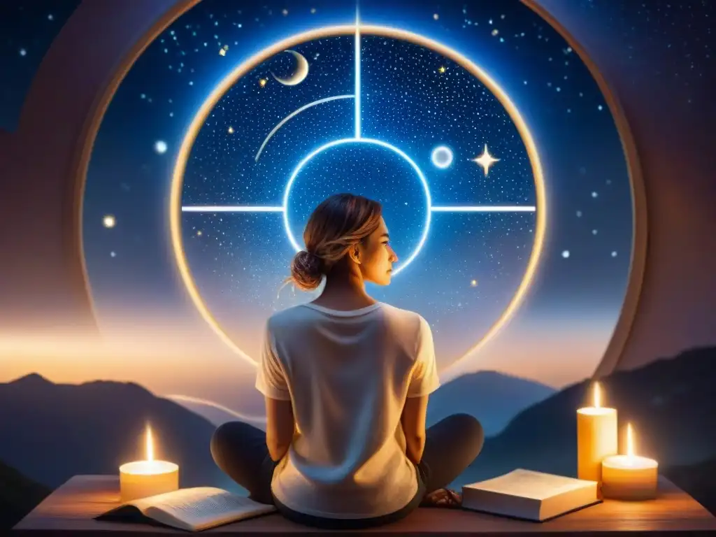 Persona en la noche estrellada, rodeada de libros y cartas astrales, con mirada de asombro y contemplación