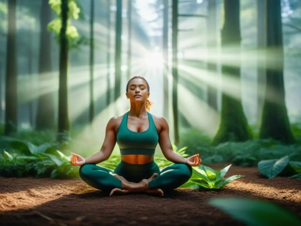 Persona en paz practicando yoga en un bosque verde, con puntos energéticos para bienestar alineados