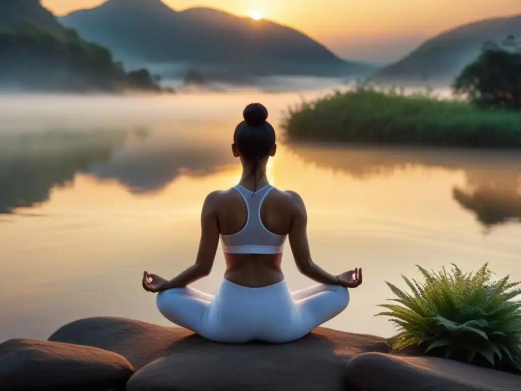 Persona en pose de yoga al amanecer, conectada con la naturaleza