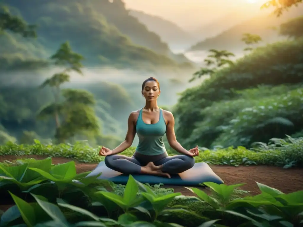 Persona en postura de yoga, conectando con la naturaleza en un bosque al amanecer