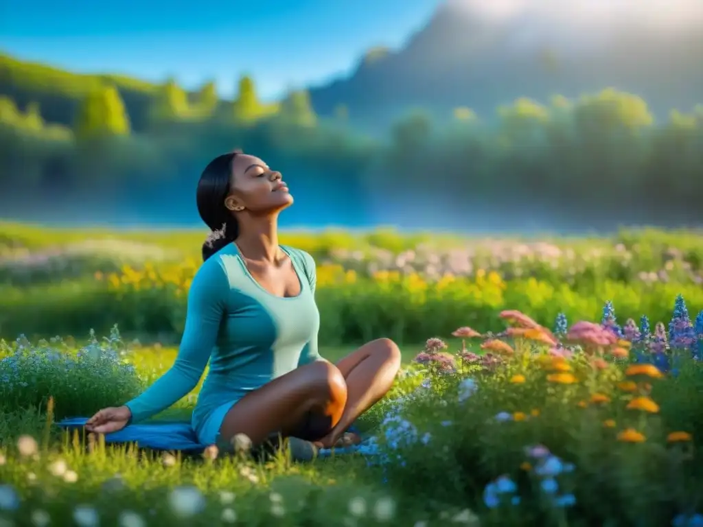 Persona meditando en prado verde con flores y arroyo, iluminada por sol