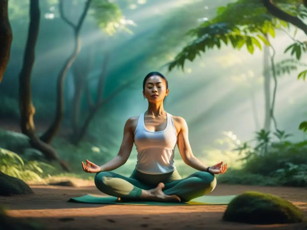 Persona en profunda postura de yoga en un bosque sereno, con energía Qi fluída