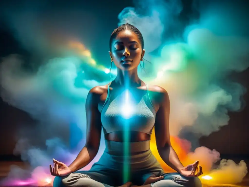 Una persona en meditación rodeada de un aura brillante y purificadora, con energía positiva fluyendo alrededor de ella