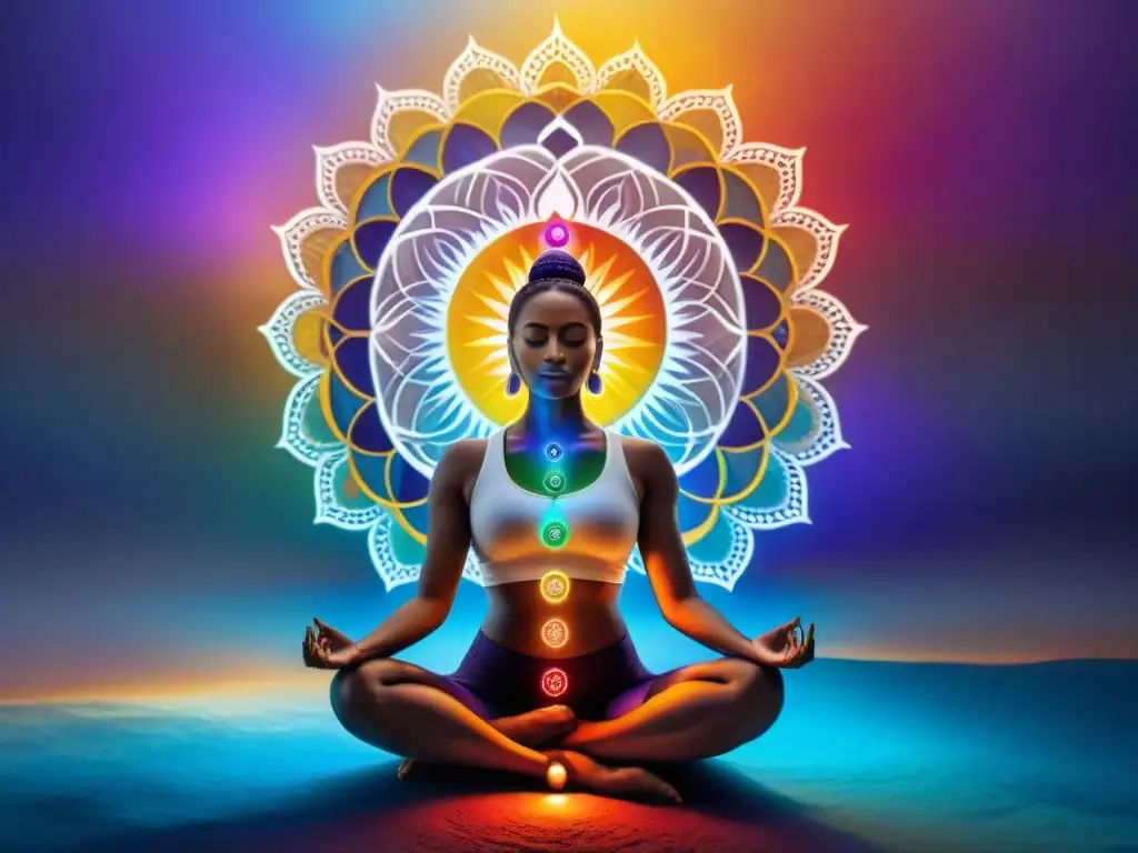 Persona meditando rodeada de los siete chakras en vibrantes colores