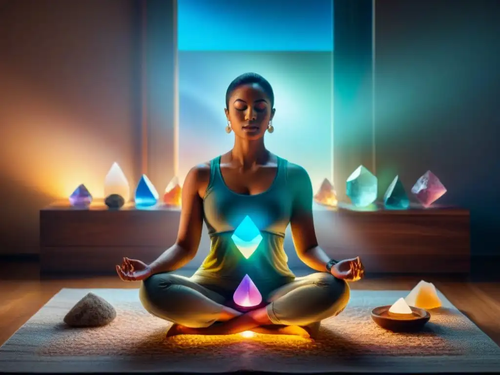 Persona meditando rodeada de cristales raros, creando atmósfera mística