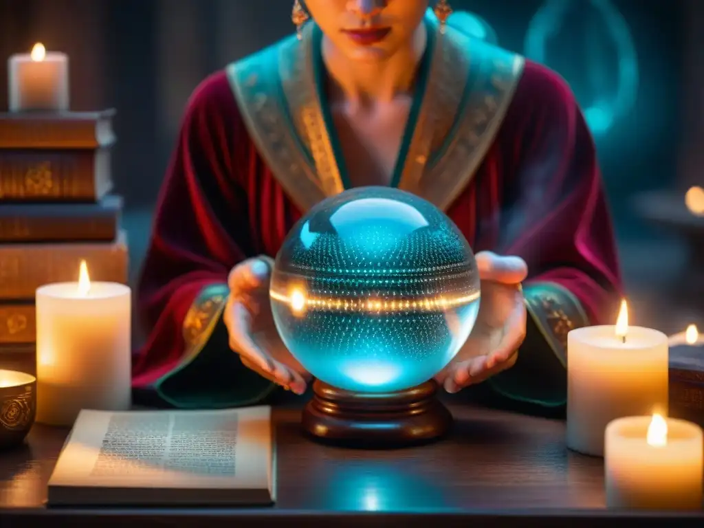 Una persona practicando scrying con una bola de cristal en una habitación tenue, rodeada de velas encendidas y libros antiguos