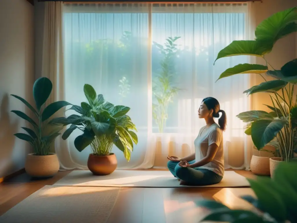 Persona meditando en silencio interior rodeada de plantas, luz natural y paz en habitación serena