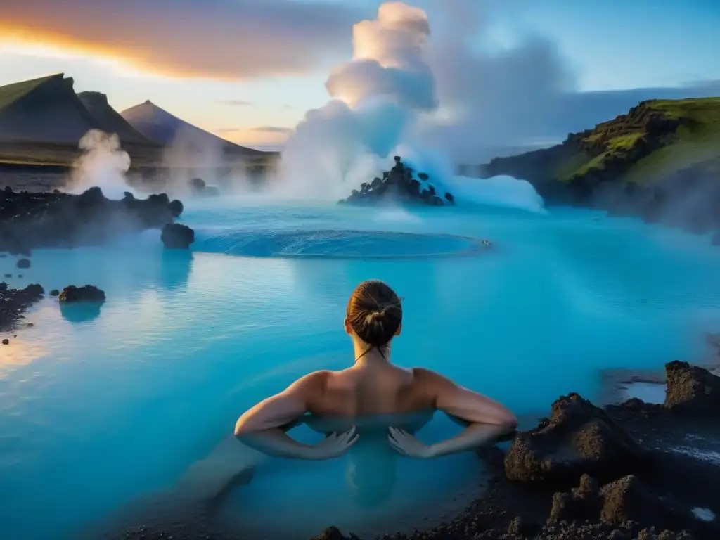 Una persona sumergida en las aguas termales de Islandia, con beneficios espirituales, rodeada de vapor y la belleza natural islandesa