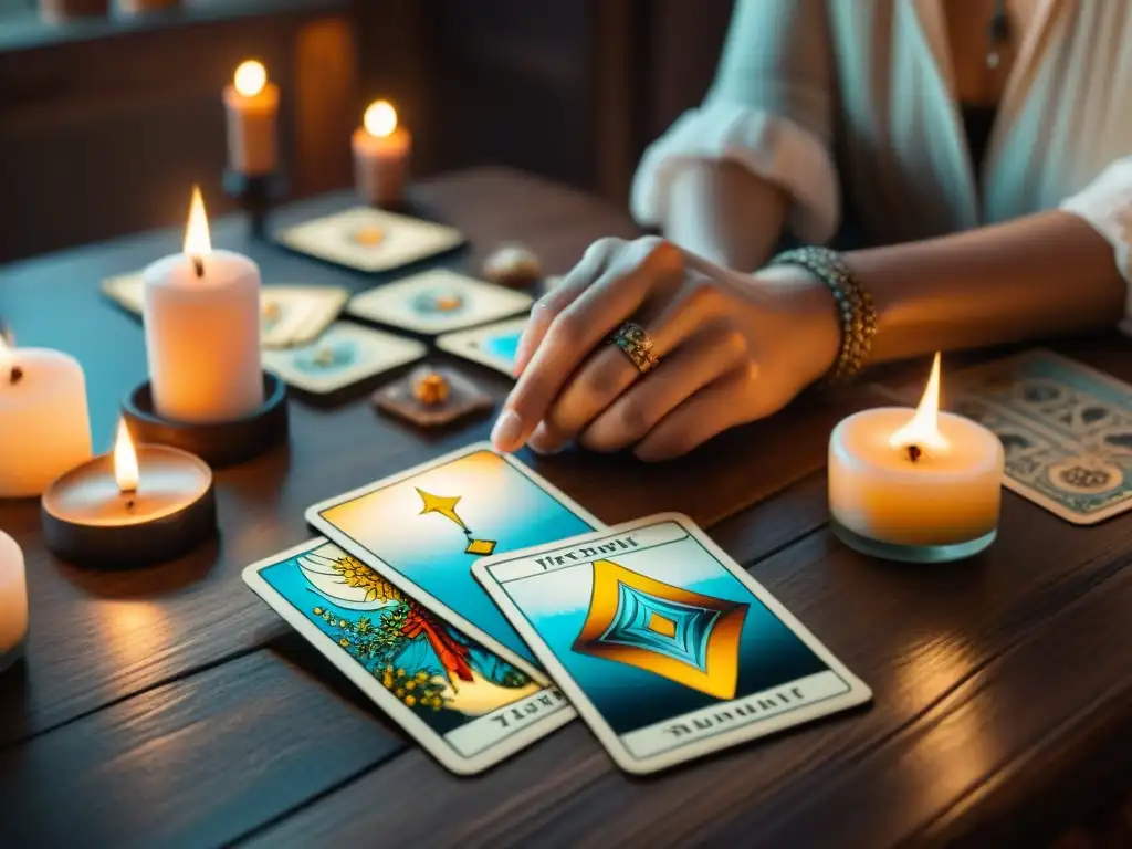 Persona barajando tarot en mesa de madera con velas y cristales, en conexión espiritual