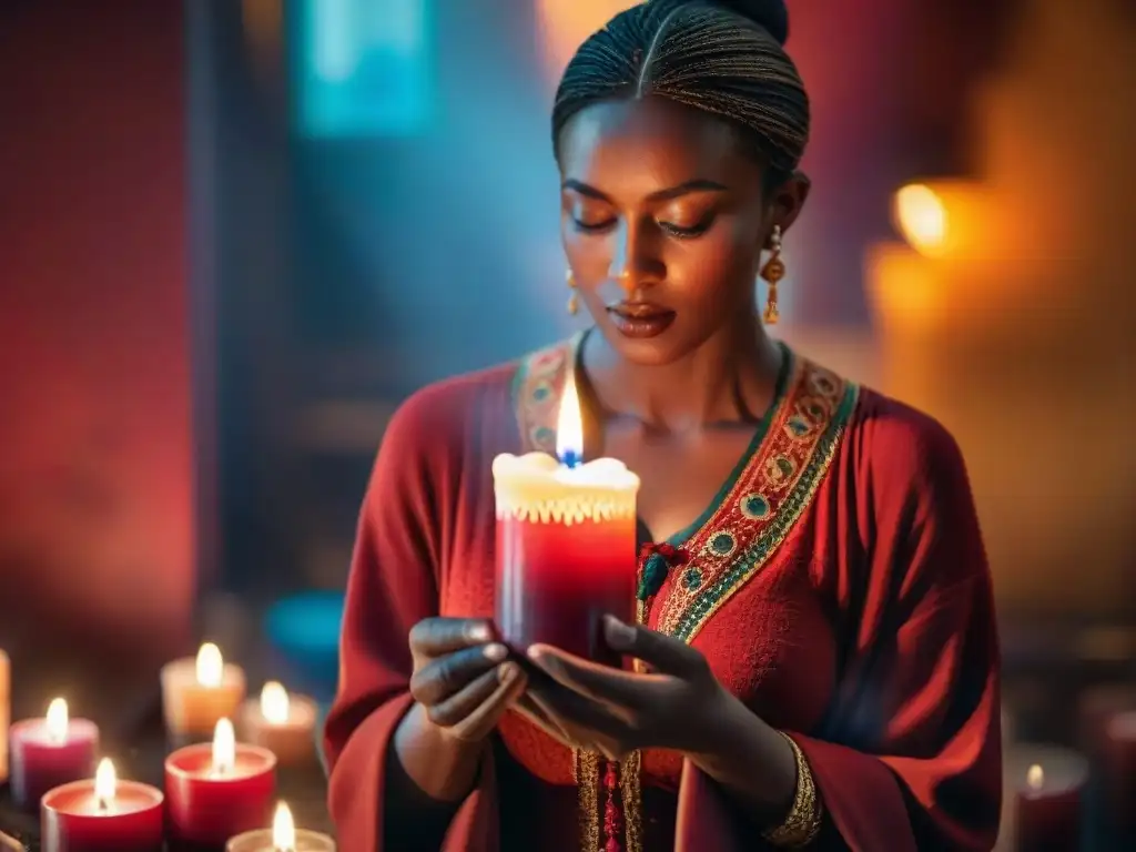 Persona encendiendo una vela roja en habitación tenue con velas de colores y símbolos místicos