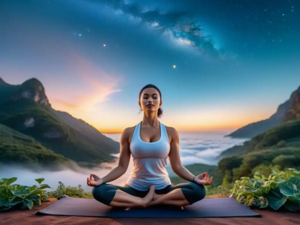 Persona practicando yoga al amanecer, rodeada de vegetación y estrellas, conectando astrología con bienestar físico