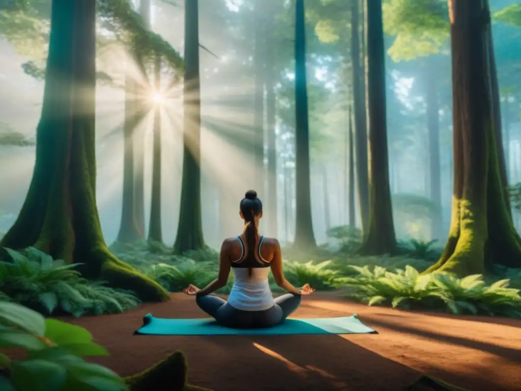 Personas diversas practican yoga en un bosque ancestral, conectando raíces, misterio y ancestros en su práctica