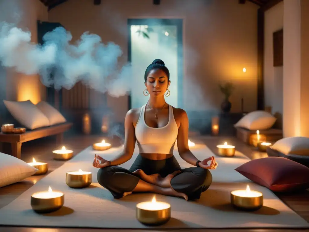 Personas meditando en una habitación iluminada por velas, con música suave y un músico tocando un instrumento tradicional