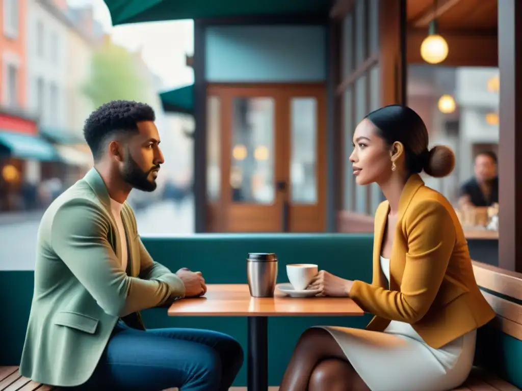 Dos personas en profunda conversación en un café, con la ciudad al fondo