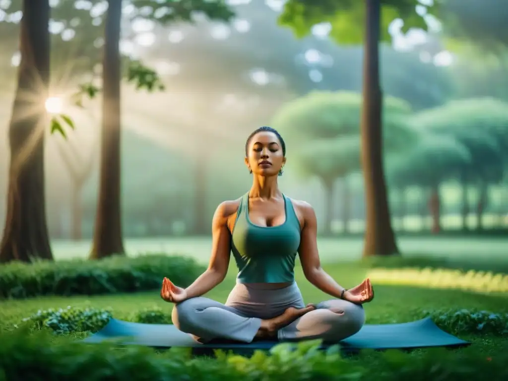 Personas practicando yoga al aire libre en un parque verde, transmitiendo los beneficios científicos del Yoga