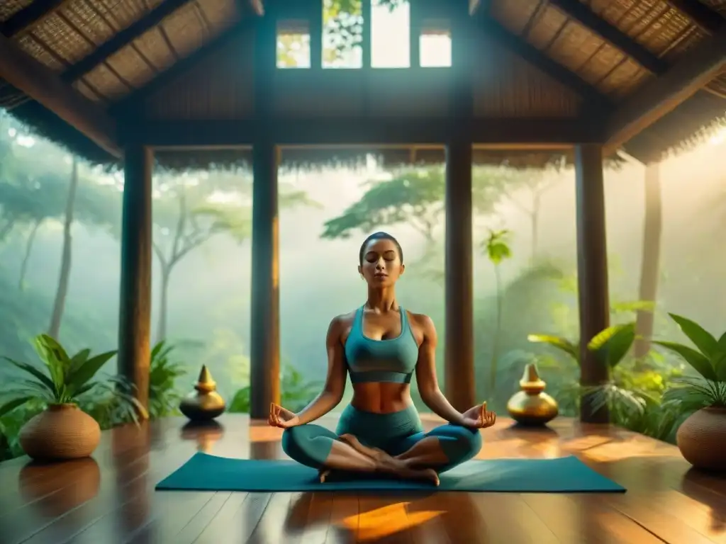 Personas practicando yoga en un antiguo templo en la selva, conectando con significados mensajes ancestrales Yoga