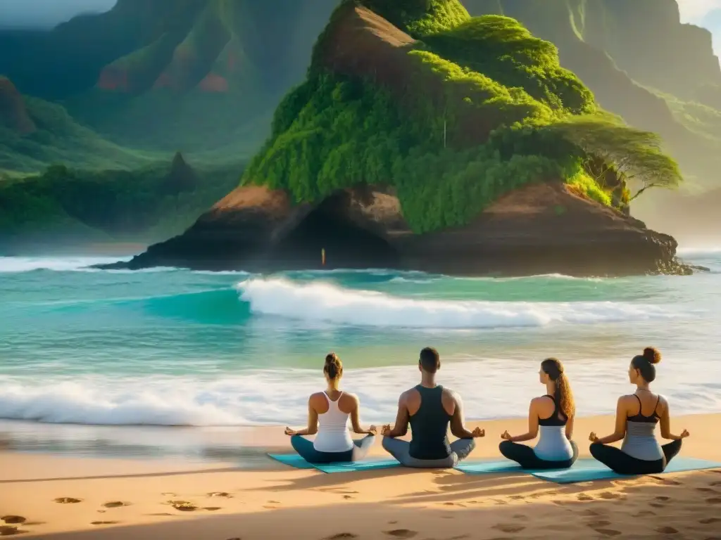 Personas practicando yoga al amanecer en una playa de Kauai, rodeadas de naturaleza exuberante y el sonido calmante del mar