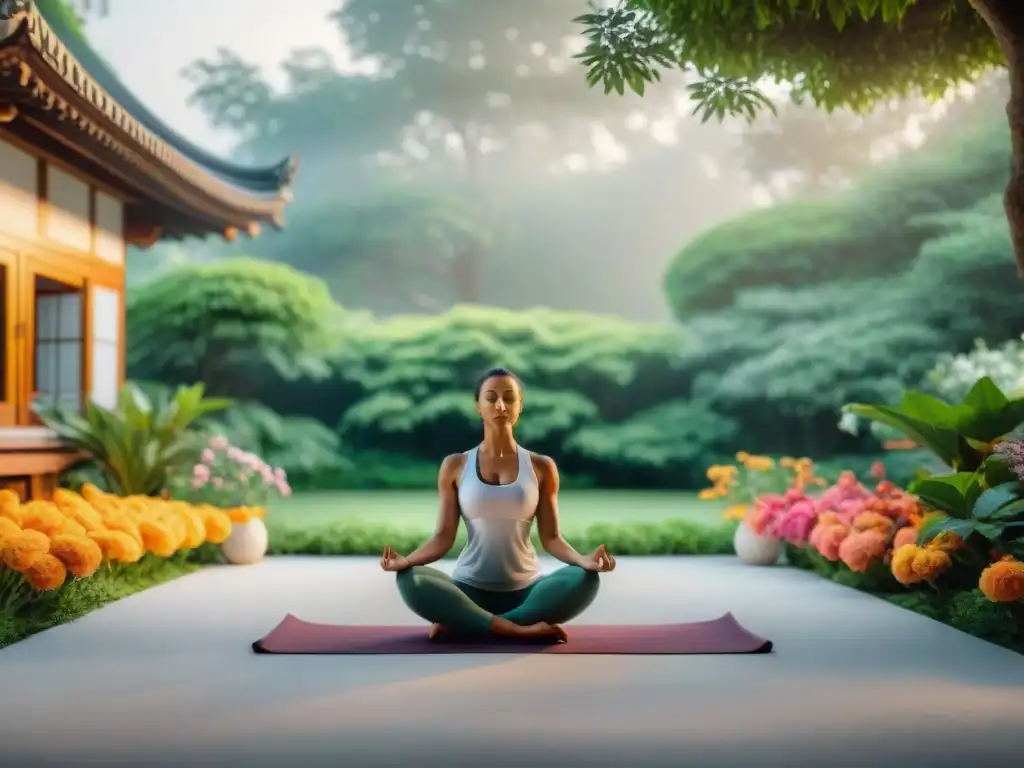 Personas practicando yoga en un jardín zen, rodeadas de naturaleza y paz