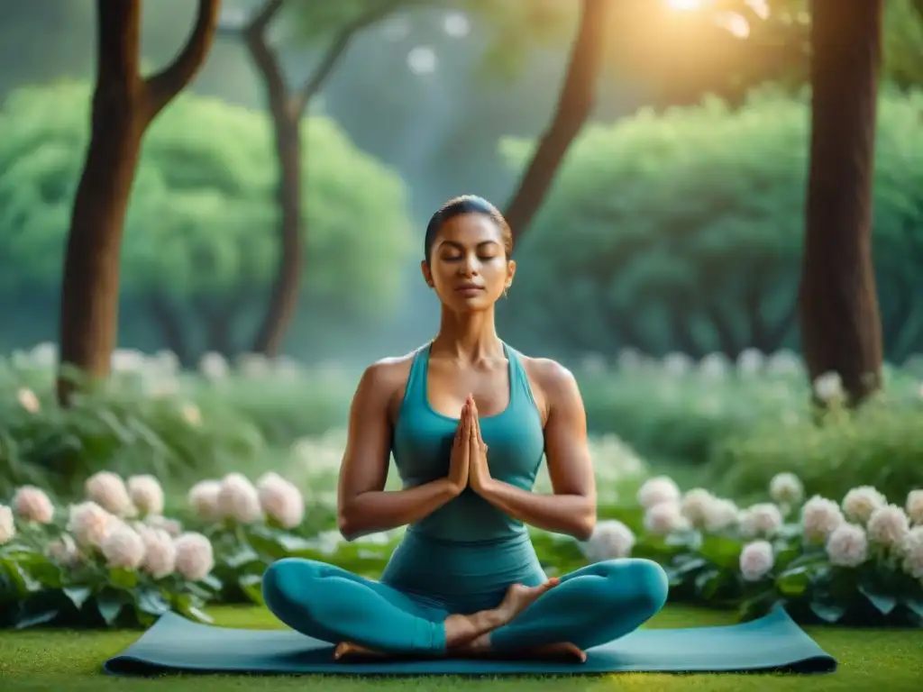 Personas practicando yoga al amanecer en un jardín verde y florido, creando una atmósfera espiritual y serena