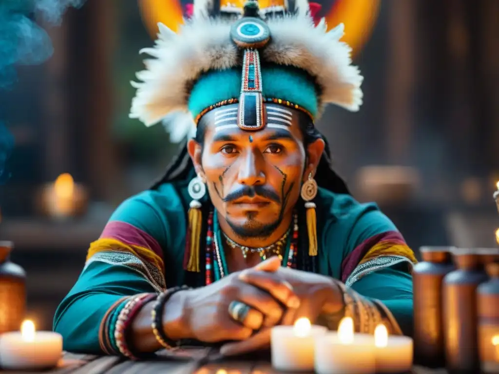 Shamán peruano en ritual ancestral con aceites esenciales para protección energética espiritual