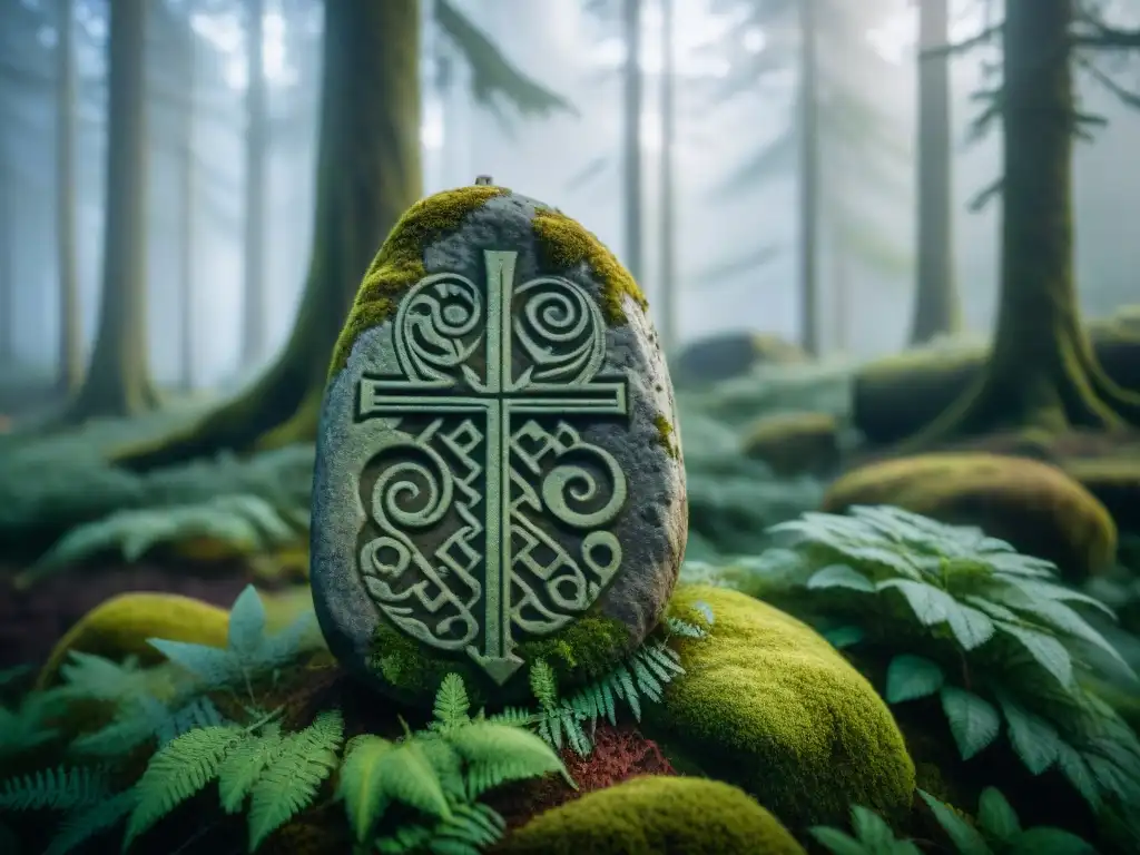 Una piedra rúnica vikinga en un bosque nórdico antiguo, con runas ancestrales y misticismo