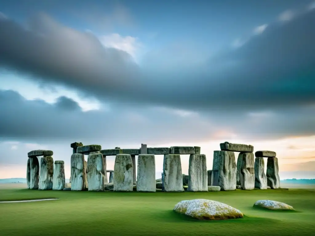 Piedras megalíticas misterios antiguos en Stonehenge bajo un cielo dramático