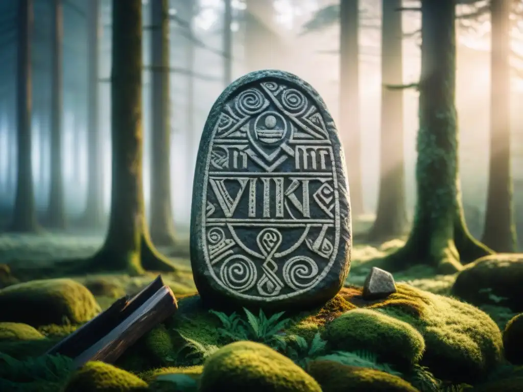 Piedras rúnicas vikingas envueltas en misterio en un bosque brumoso, evocando la antigua adivinación nórdica