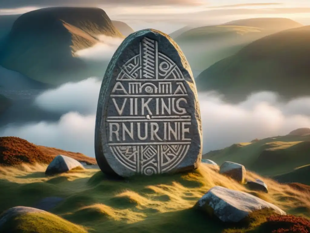 Piedras rúnicas vikingas de adivinación en paisaje neblinoso al amanecer