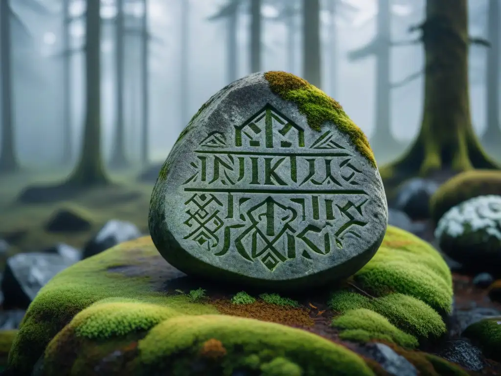 Piedras rúnicas vikingas talladas en piedra desgastada, parcialmente cubiertas de musgo en un bosque nórdico neblinoso, evocando misticismo y historia