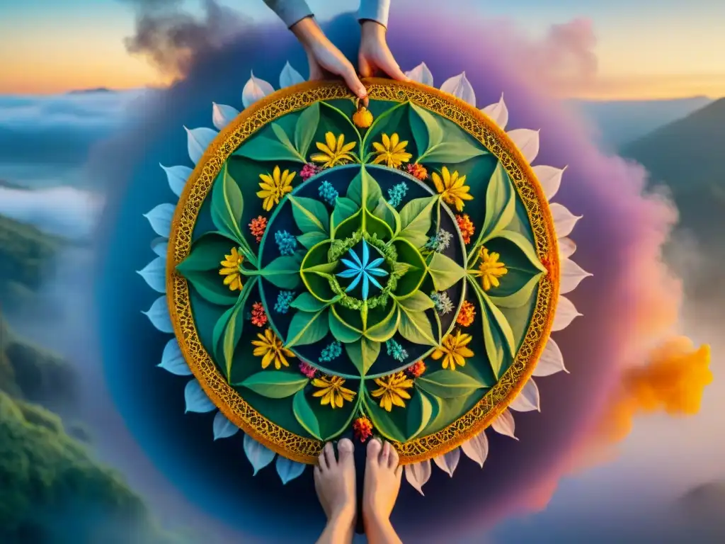Mandala pintado a mano con colores vibrantes y detalles intrincados, rodeado de hierbas Ayurveda en un paisaje sereno al amanecer
