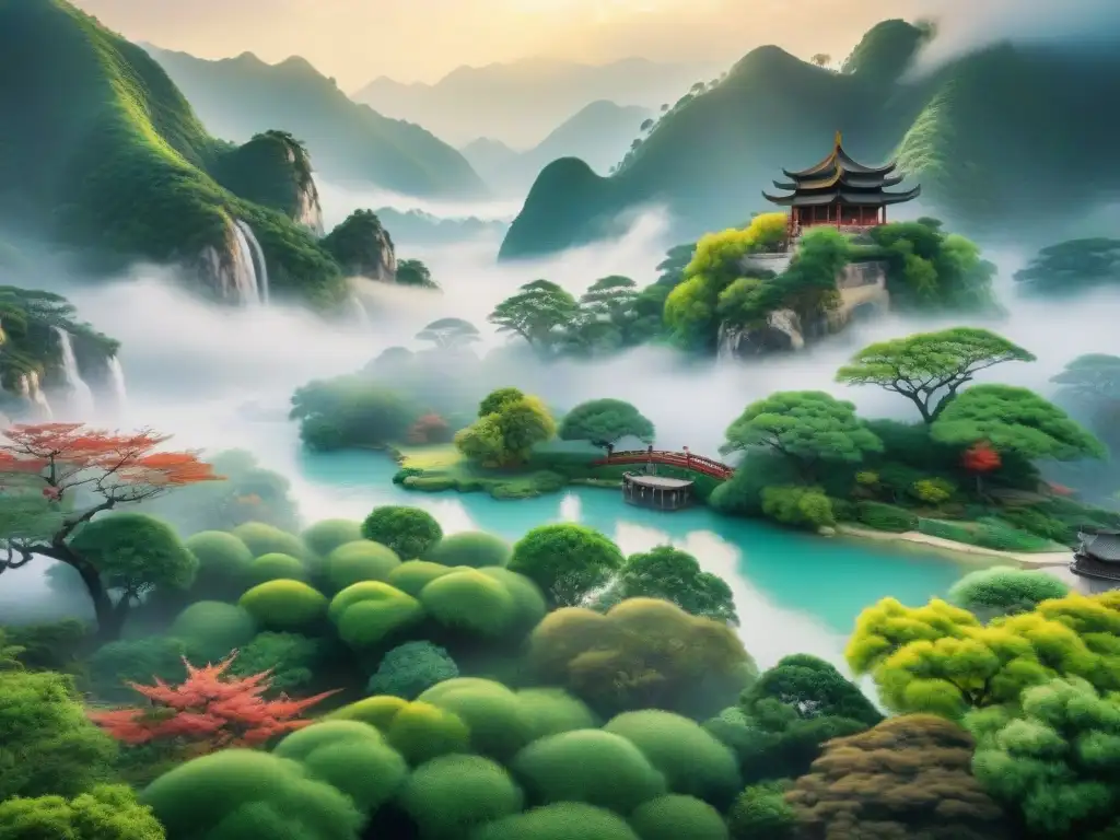 Una pintura antigua china muestra un exuberante jardín con flores vibrantes y animales