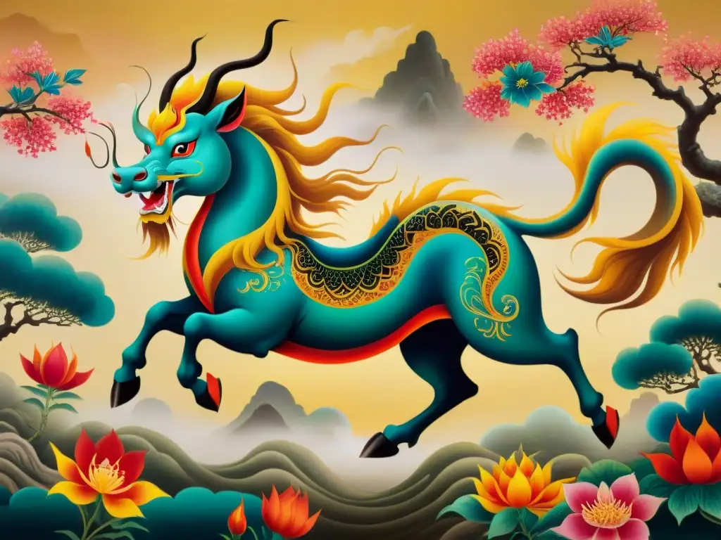 Pintura antigua china de un Qilin en un bosque místico con animales misteriosos en civilizaciones antiguas