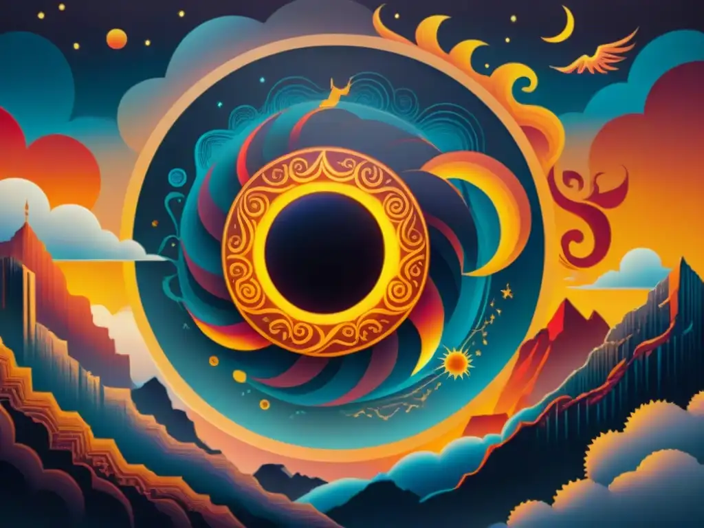 Pintura antigua de un eclipse solar con simbolismo celestial y mítico