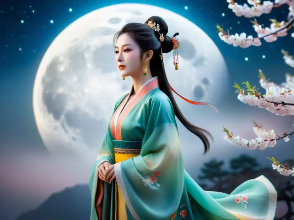 Pintura china detallada de Chang'e y su conejo de jade bajo la luna llena y cerezos en flor