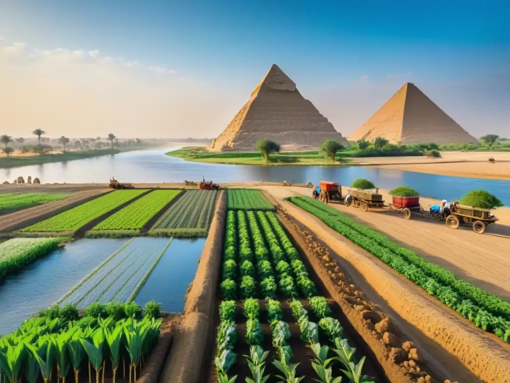 Pintura detallada de agricultura en el antiguo Egipto: campesinos cultivan en campos verdes junto al Nilo, con pirámides al fondo bajo cielo azul