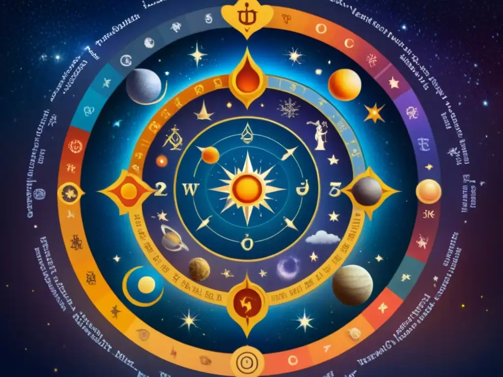 Una pintura detallada de la astrología védica con dioses hindúes y un mapa celestial