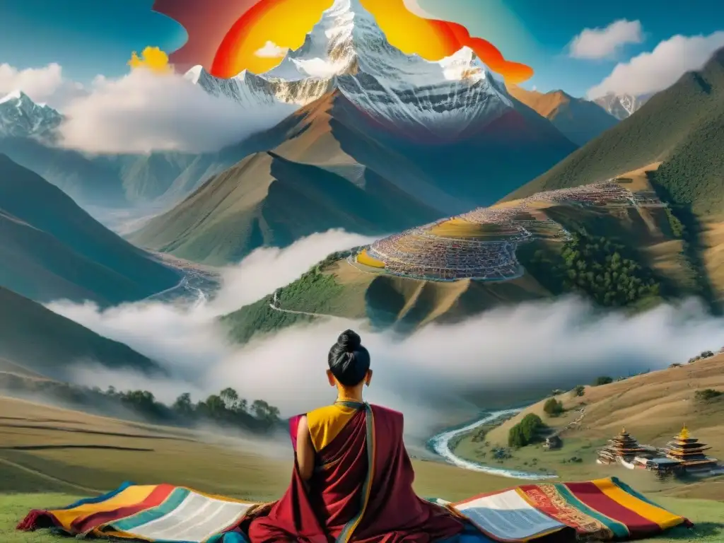 Pintura detallada de reencarnación en Budismo Tibetano: figura central meditando rodeada de seres etéreos en paisaje montañoso y banderas de oración