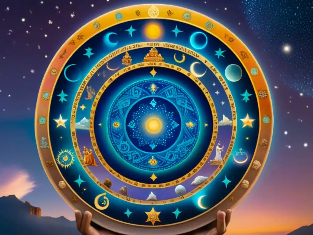 Pintura detallada del cielo nocturno en la India antigua, con signos zodiacales y cuerpos celestes