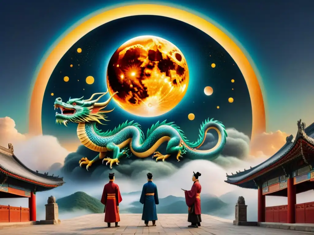 Pintura detallada de un dragón celestial en eclipse solar, reflejo de la astronomía china eclipses augurios